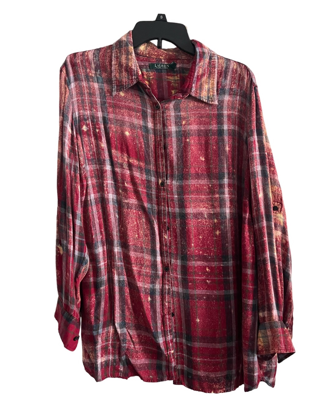 Hand Distressed Lauren Ralph Lauren Red Plaid Button-Up Shirt Oversized